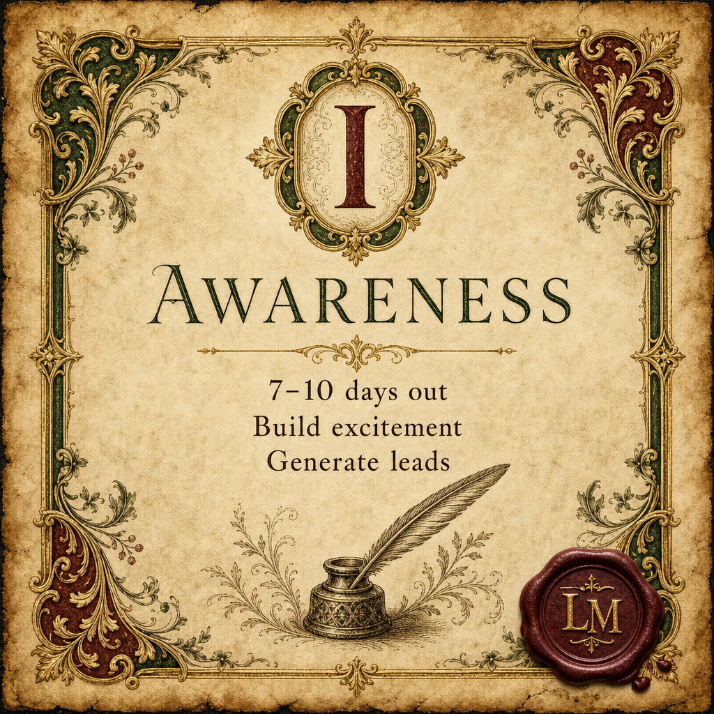 Phase I — Awareness: 7-10 days out, build excitement, generate leads.